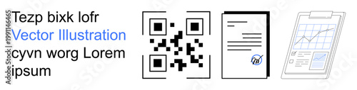 Digital transactions, data management, authentication, paperwork handling, analytics, and business processes. QR code, signed document and chart on clipboard. Data management and authentication