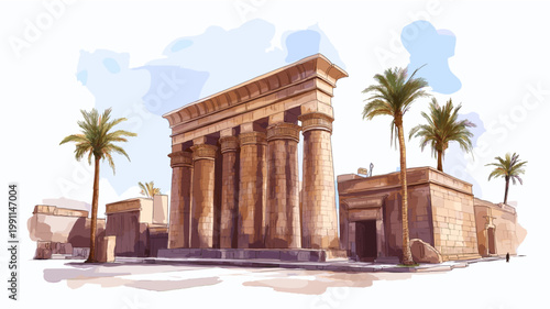 Luxor Temple. Luxor Temple hand drawn watercolor illustration on white background