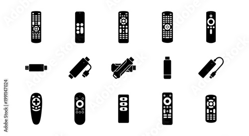 Remote control icon set, black television controller vector collection, 15 multimedia device and streaming stick silhouettes for smart home interface
