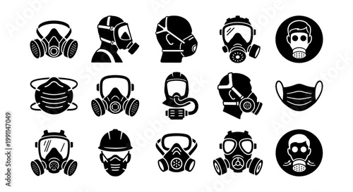 Industrial gas mask icons set, respiratory protection equipment vector symbols, safety breathing apparatus and face mask collection for occupational health