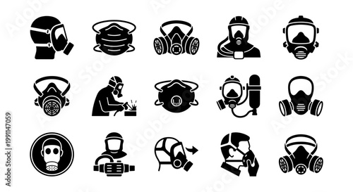 Industrial respirator and gas mask icons set, 15 black vector symbols for personal protective equipment, safety breathing apparatus for chemical and construction work
