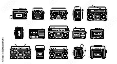 Retro radio and boombox icon set, 15 vintage cassette player vector silhouettes, black and white 80s music equipment collection for graphic design