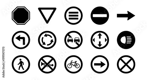Black road sign icons set, 15 traffic symbol vector elements, minimalist highway and street navigation graphics, flat silhouette transportation icons