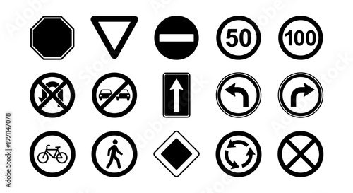 Black and white traffic signs collection, 15 road safety icons vector set, flat highway regulatory symbols for navigation and urban planning