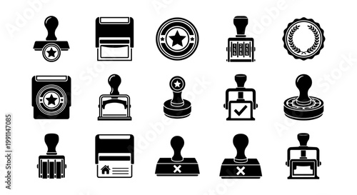 Rubber stamp icon set, professional office stamper collection with 15 vector elements, black ink seal and validation mark symbols for business