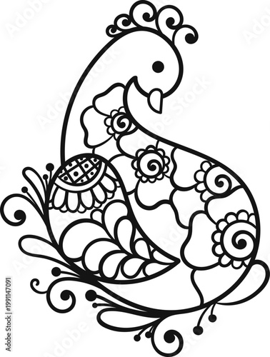 Bird Mehndi Ornament, Hand Drawn Outline Vector Clipart