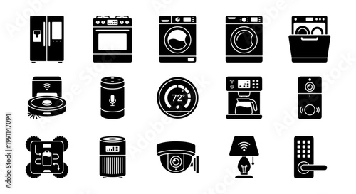 Smart home appliances icon set, 15 black solid vector symbols of domestic electronics, modern kitchen and laundry equipment for automation