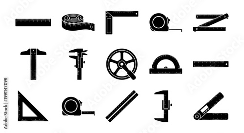 Black measurement tools icon set, 15 professional ruler and tape measure vector silhouettes, industrial precision equipment for engineering and construction