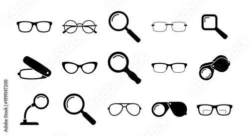 Minimalist eyeglasses and magnifying glass icon set, 15 black vector optical elements, vision care and investigation symbols for web design