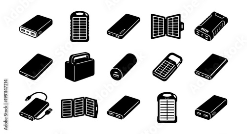Portable power bank and solar charger icon set, 15 black vector elements for mobile energy, external battery and renewable power station symbols