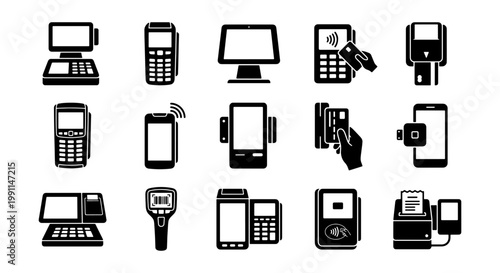 Payment terminal icons set, 15 black vector silhouettes of POS machines and credit card readers, retail checkout and electronic transaction equipment