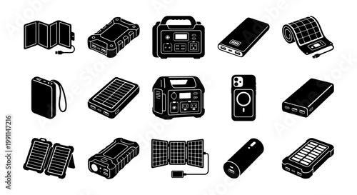 Portable power station and solar panel vector set, 15 black icons of external battery banks and chargers, mobile energy storage equipment collection