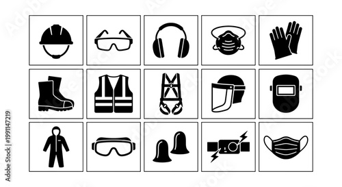 Industrial safety equipment icons set, 15 personal protective equipment PPE vector symbols, construction site worker gear and occupational health signs