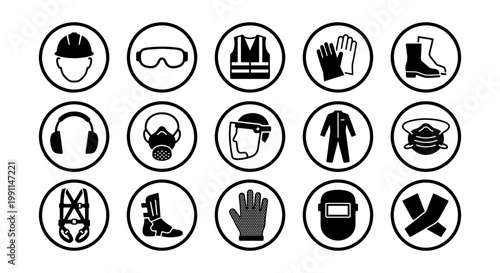 Industrial personal protective equipment icons, 15 PPE safety symbols set, black and white construction work gear vector illustrations