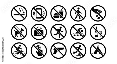 Prohibition sign set with 15 black icons, restricted activity symbols for public safety, warning and forbidden notice vector collection