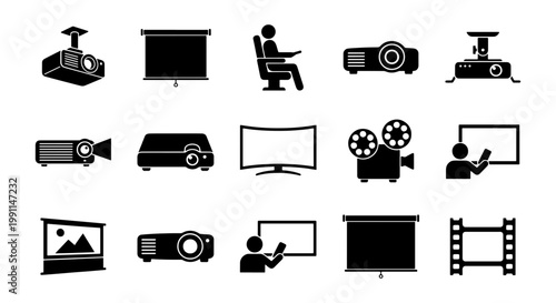 Multimedia projector and cinema icons set, 15 black vector silhouettes of presentation equipment, movie theater and classroom display elements