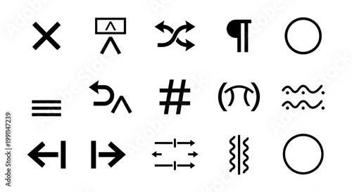 Minimalist proofreading symbols and editing marks icon set, black vector typography correction signs, 15 professional text formatting icons for publishing