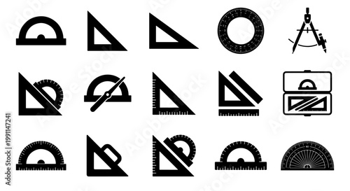 Mathematical geometry tool icons, black protractor and ruler set, 15 vector drafting equipment symbols for education and technical drawing