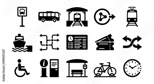 Public transportation icon set, 15 black solid vector symbols for urban travel, city transit and logistics navigation elements for maps and apps