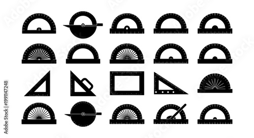 Minimalist protractor and ruler icon set, 20 black geometric drafting tool vectors, professional architectural measurement equipment symbols