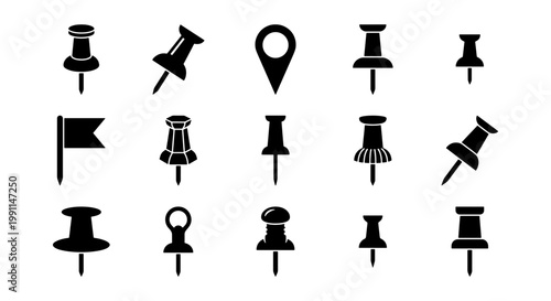 Push pin icon set with 15 black vector map markers, office stationery thumbtack symbols, flat location pointer and flag icons for navigation