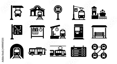 Public transport icon set, 15 black solid vector symbols for urban transit, city infrastructure and transportation logistics, subway and bus station signs