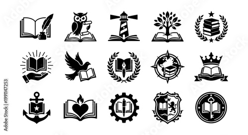 Academic book logo set, 15 vintage education icons, black and white library emblems with owl, lighthouse, and laurel wreath symbols for school branding