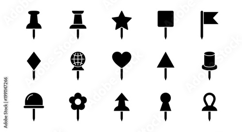 Black map pin icons set, 15 push pin vector symbols, minimalist navigation markers and location pointers for interface design and cartography