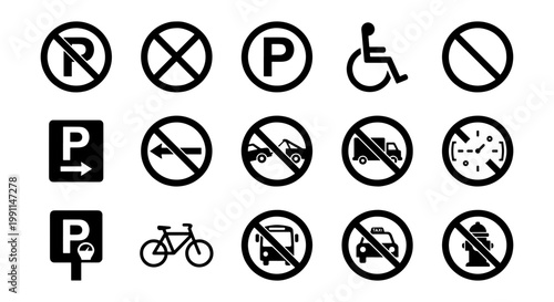 Parking signs and traffic icons set, 15 black vector symbols for road regulations, no parking and transportation prohibited signs collection