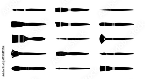 Paint brush silhouette collection, 15 artist paintbrushes vector set, black artistic tools icons for painting and creative design projects