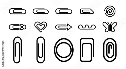 Minimalist paper clip icon set, 15 black outline stationery vectors, decorative metal binder clips in heart and butterfly shapes for office supply branding