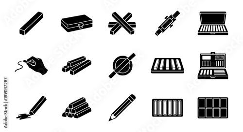Professional artist chalk and pastel icons set, 15 black solid vector symbols of drawing tools, charcoal sticks and sketching equipment for fine art
