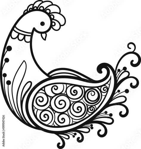 Swan Mehndi Motif Ornament, Hand Drawn Outline Vector, Floral Indian Ethnic Decorative Clipart
