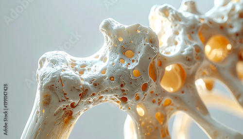 Osteoporosis: An up-close macro view of the weakening effects of osteoporosis on human bone, the image highlights the fragile, porous structure of the affected skeletal tissue.