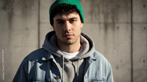 Confident young man in streetwear graphic
