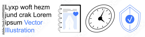 Time management, security, healthcare, digital protection, productivity, work planning. Notebook with heart icon, analog clock shield with checkmark. Time management and security concept