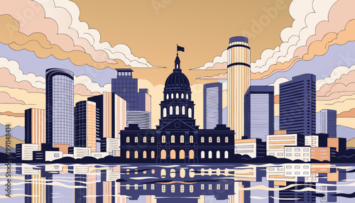 Austin Texas Skyline Illustration with State Capitol Building
