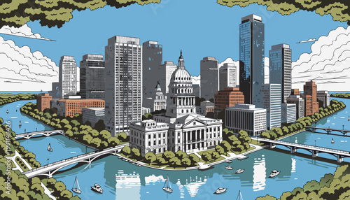 Austin Texas City Skyline and State Capitol Building Illustration