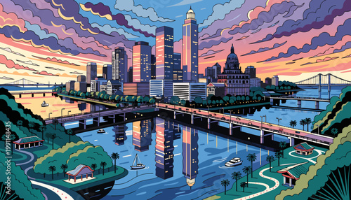 Vibrant Modern City Skyline Illustration at Sunset over River
