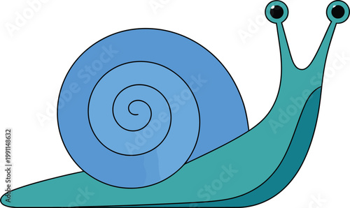 Blue snail with big swirly shell and long slimy foot crawling slowly alone