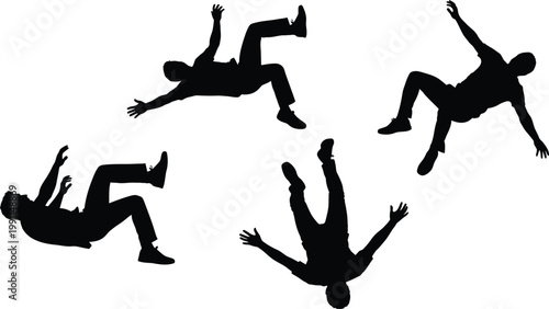 Four black silhouettes of men falling in different positions on a white background