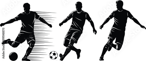 A black and white illustration of three soccer players in motion, kicking a ball