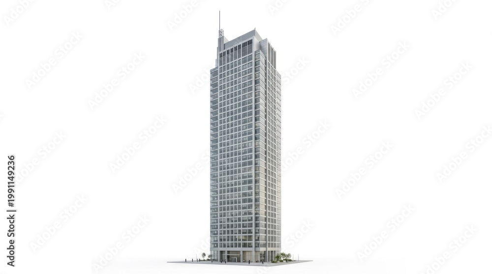 Fototapeta premium Modern Business Office Tower: High-Rise Skyscraper Architecture with Glass Facade - Isolated on White for Commercial Design