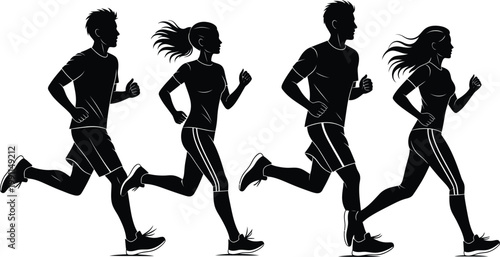 Four people running in a line, silhouetted against a white background