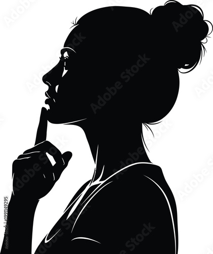 A woman in silhouette with her finger on her lips, conveying a sense of secrecy or silence.