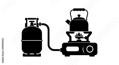 Vector illustration of gas stove with a kettle and a gas cylinder on a transparent background