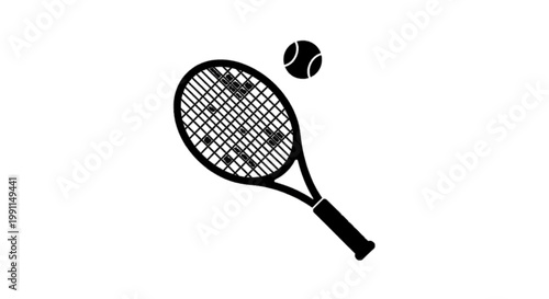 Vector illustration of tennis racket and ball icon, simple black silhouette of sports equipment on a transparent background