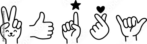 a set of hand gestures including thumbs up, peace sign, and love symbols in a flat design style, ideal for use in marketing, advertising, or social media campaigns