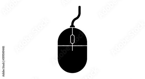 Vector illustration of computer mouse icon, simple black silhouette of a wired mouse on a transparent background