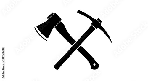 Vector illustration of crossed axe and pickaxe icon, symbol of mining and forestry tools on a transparent background